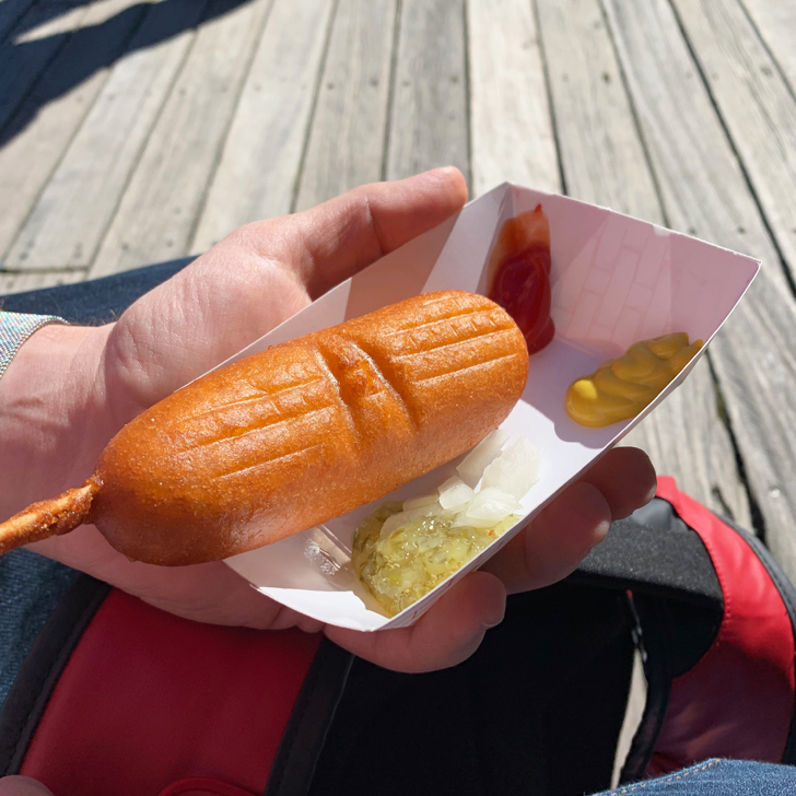 Trying our first Corn Dog - Our Trip to San Francisco - Travel for a Living